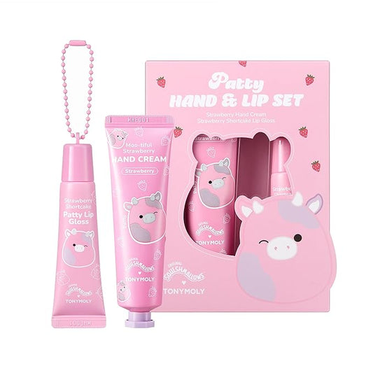 TONYMOLY x Squishmallows Patty the Cow 2-Piece Skincare & Beauty Gift Set – Strawberry Hand Cream & Strawberry Shortcake Lip Gloss – Cute Korean Skincare Gift