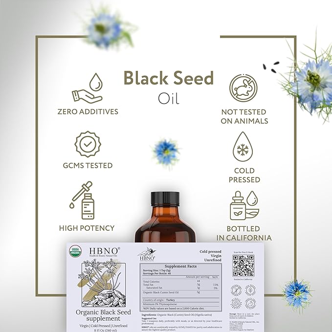 HBNO Organic Black Seed Oil - Huge 8oz (240ml) Glass Bottle Value Size - USDA Certified Organic Black Seed Oil, Cold Pressed for Face, Body, Lips, Shampoo & Conditioner