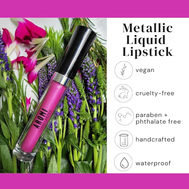 Aromi Metallic Liquid Lipstick | Long-lasting, Fuchsia, Pink Lip Color with Shimmery Finish, Waterproof, Vegan, Cruelty-free, Handmade (Moody Magenta)