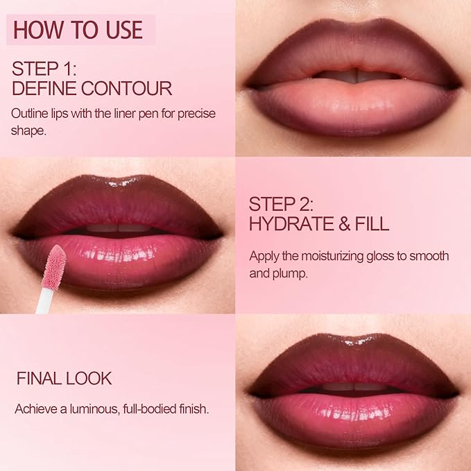 2-in-1 Dual-Ended Lip Liner Lipstick & Gloss Set, Lip Combo with Mirror Effect, Smooth Matte Lip Liner and Moisturizing Lightweight Lip Plumping set for Women, 04 Rosewood