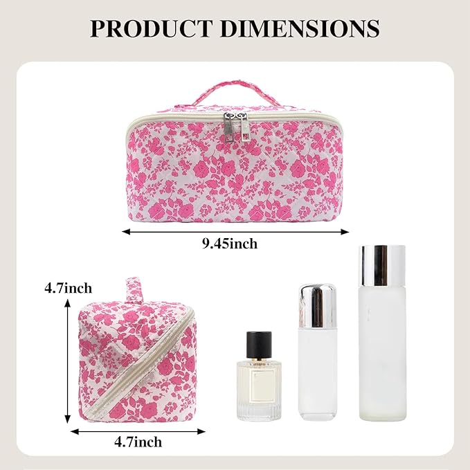 Pink Large Quilted Floral Makeup Bag Cute Coquette Aesthetic Cosmetic Bag Open Flat Travel Toiletry Make up Bag for Women