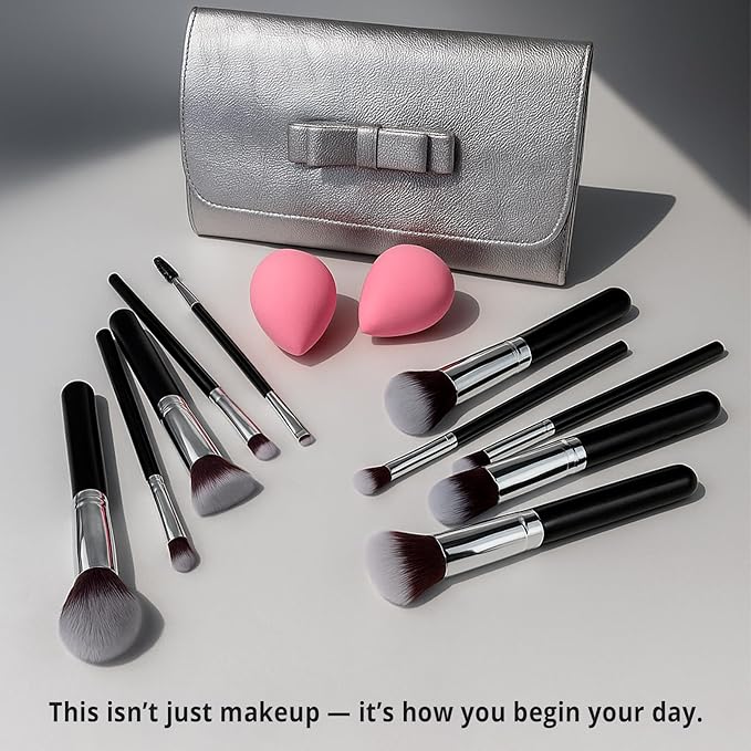 BEAKEY Makeup Brushes Set Premium Foundation Concealer Blush Bronzer Eye Shadow 10+2 PCS Brushes & Blender Sponges with Portable Makeup Bag