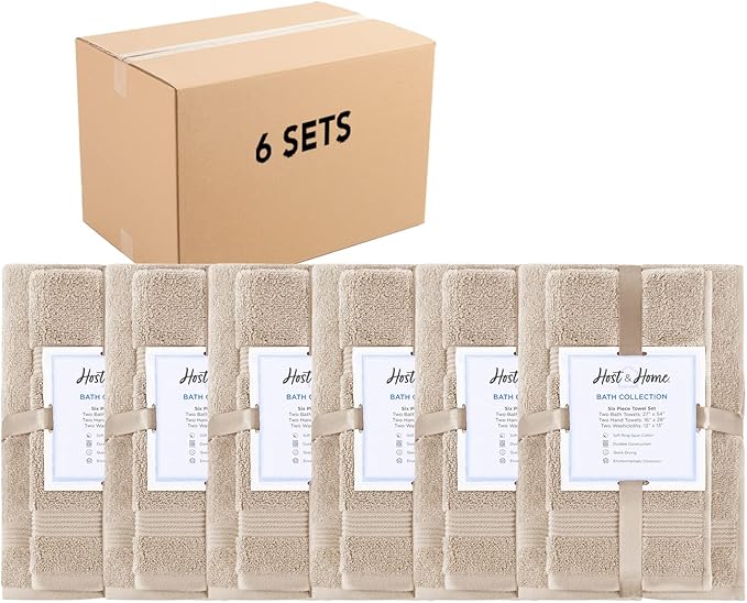 Arkwright 100% Cotton Luxury 36 Piece Bath Towel Sets Bulk - Case of 6 - Soft & Absorbent 600 GSM, Quick-Drying, Perfect for Beach Houses, Hotels, and Rental Properties, Latte Beige
