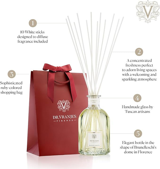 Dr. Vranjes - Ginger Lime 250 ml Reed Diffuser + Elegant Shopping Bag, Bright Fruity & Spicy, Home Fragrance, Made in Italy