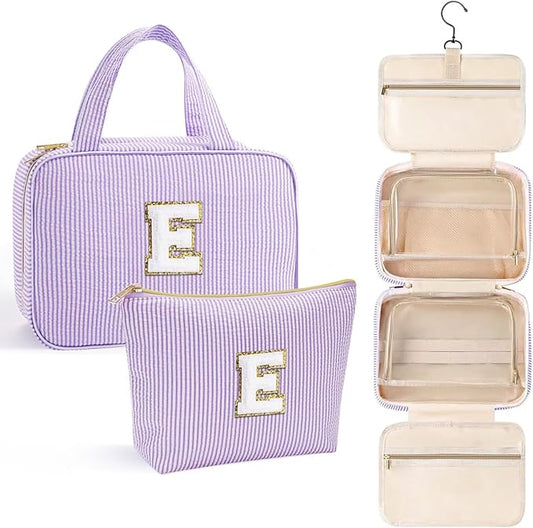 YOOLIFE Teen Girl Gifts Trendy Stuff - Birthday Gifts for 7 8 9 10 11 12 13 14 15 16 17 18 Year Old Teen Girls, Hanging Toiletry Bag Initial Makeup Bag - Letter E, Purple