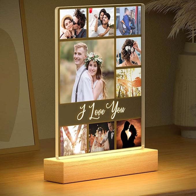 Custom Picture Frame with Photo, Personalized Photo Frame with Night Light, Customizable Photo Frames, Personalized Christmas Anniversary Birthday Gifts for Women Men Girlfriend Boyfriend Couple
