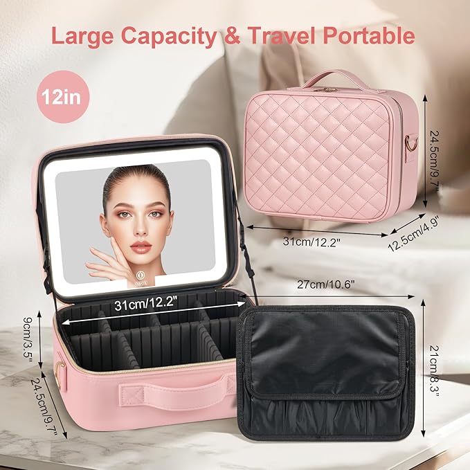 BEAUTY CASE Makeup Bag with Led Mirror, 12 Inch Portable Travel Cosmetic Organizer Case with Adjustable Dividers, USB Charging, Large Capacity, Ideal for Travel, Gift for Women Girls, Pink