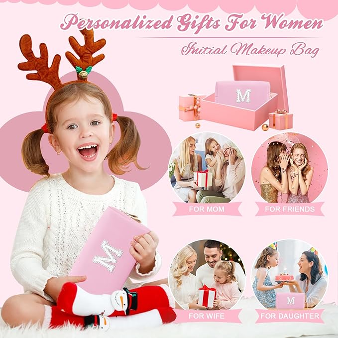 ChaoGreat Bride Gifts – Personalized Initial Makeup Bag with Pearl Rhinestone Patch, Preppy Pink Monogram Cosmetic/Toiletry Pouch, bridesmaid Gifts, Bridal Shower Gifts, Wedding Gifts, Bridal Gifts,M