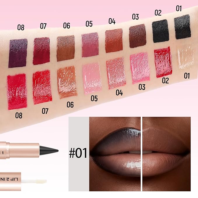 2-in-1 Dual-Ended Lip Liner Lipstick & Gloss Set, Lip Combo with Mirror Effect, Smooth Matte Lip Liner and Moisturizing Lightweight Lip Plumping set for Women, 01 Nude Beige