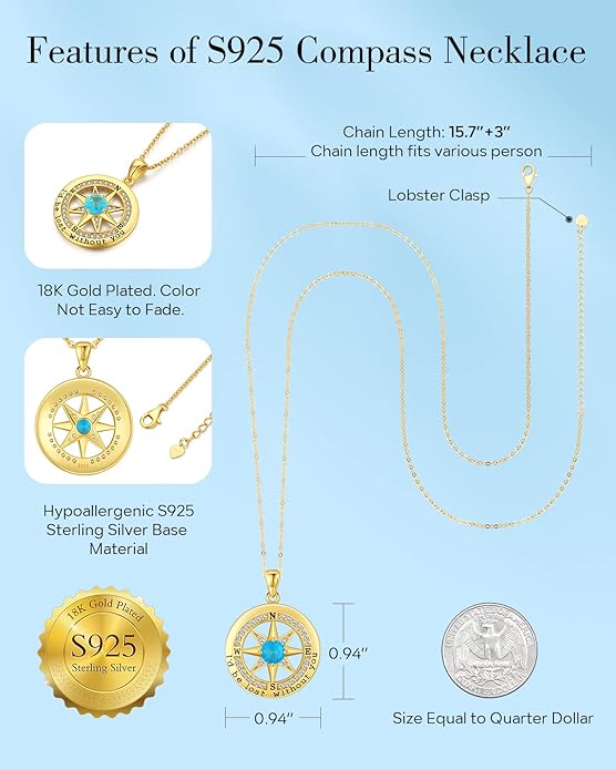 S925 Necklace Gift for Wife |Compass Jewelry |Women Anniversary |Sterling Silver |Girlfriend Birthday Gifts for Her Valentines |I'd be Lost without You |Jewel 18K Gold