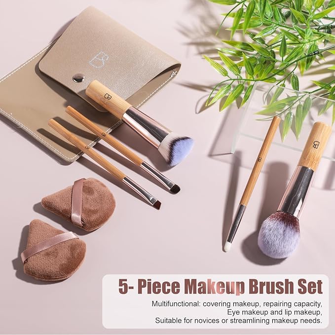 BS-MALL Travel Makeup Brushes Kabuki Premium Synthetic Foundation Powder Concealers Eye Shadows 7 PCS with Triangle Puff & Storage Bag (Bamboo)