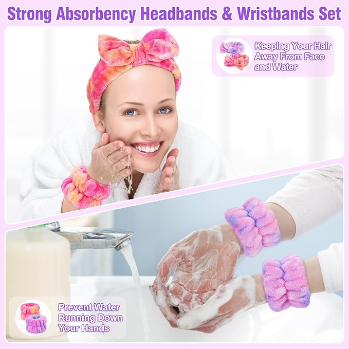 Spa Headbands for Women with Wristband Set: Facial Makeup Headbands for Girls & Teens - Soft Coral Fleece Elastic Hair Wraps with Wrist Accessories for Washing Face Shower Bath Beauty Skincare Gifts