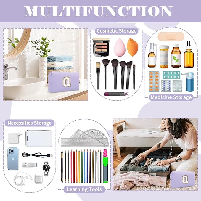 Personalized Makeup Bag Initial A-Z Preppy Patch Bag,Small PU Leather Travel Cosmetic Bag Pouch with Zipper,Purple Cute Toiletry Bag,Gift Ideal for Teen Girls Women Birthday Friend Mom,Latter Q