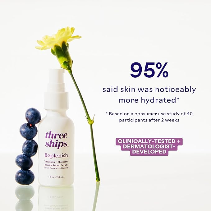 Three Ships - Replenish Ceramides + Blueberry Barrier Repair Serum | Hydrate, Soothe, Nourish Skin | Cruelty-Free, Vegan, Paraben-Free, Sensitive Skin Safe (1 fl oz | 30 mL)