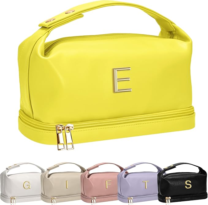 Makeup Bag For Teens 16-18, Personalized Makeup Bag with Handle, Initial Double Layer Cosmetic Bag with Makeup Brush Organizer, Cute Cosmetic Pouch for Women, Gifts for Friends Female Mom