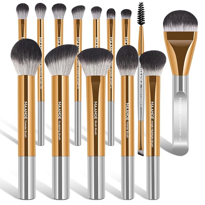 MAANGE 14-Piece Makeup Brush Set with Aluminum Ferrule- Premium Synthetic Makeup Brushes Kit Foundation Powder Brush Eye Shadow for Beginners & Professionals(Gold and Silver)
