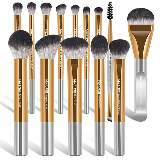 MAANGE 14-Piece Makeup Brush Set with Aluminum Ferrule- Premium Synthetic Makeup Brushes Kit Foundation Powder Brush Eye Shadow for Beginners & Professionals(Gold and Silver)