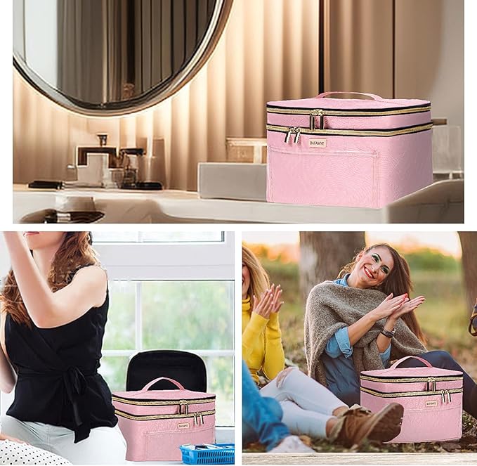 Double Layer Travel Makeup Bag for Women, Large Cosmetic Case Organizer with Makeup Brush Compartment, Portable Train Case Make Up Bag for Travel-Size