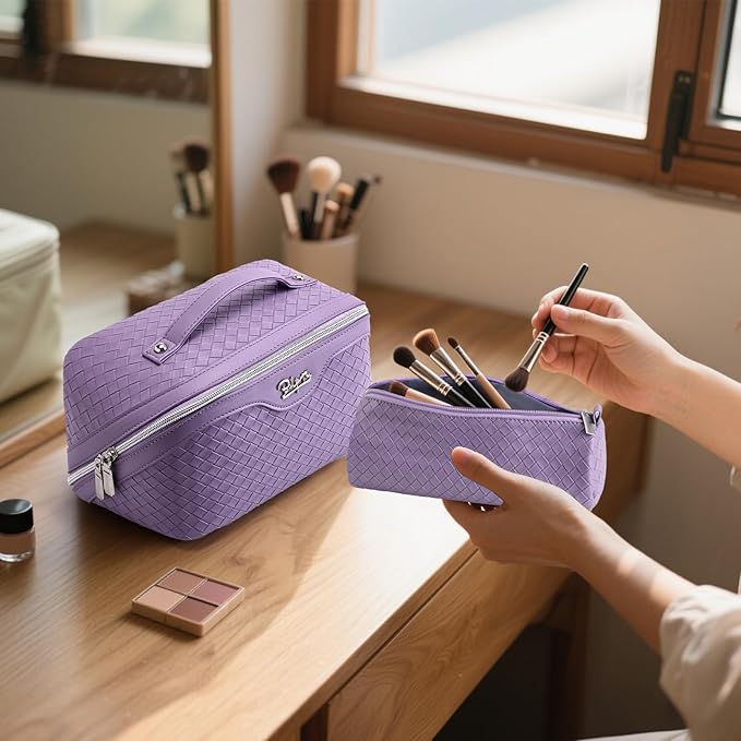 BOYATU Travel Makeup Bag Cosmetic Bags for Women: Large Capacity 3 Pcs Set Make up Bag with Compartments - Waterproof Vegan Leather Toiletry Organizer Bags with Handle - Travel Essentials(L01 Purple)