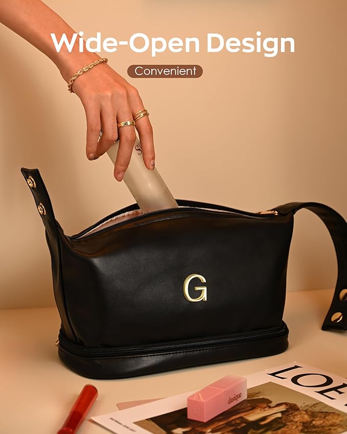 Makeup Bag Personalized Bags with Handle, Waterproof Double Layer Cosmetic Bag, Large Capacity PU Leather Makeup Bags Letter Travel Toiletry Bag with Makeup Brush Organizer