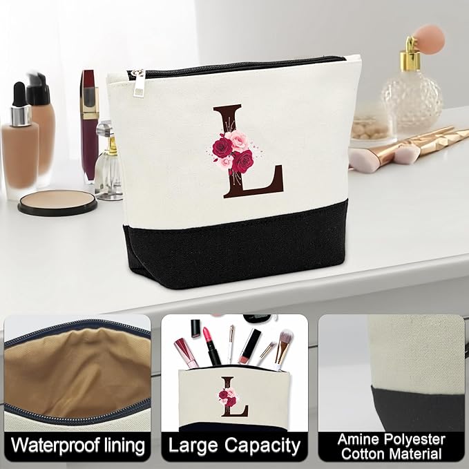 Birthday Gifts for Women,Initial Canvas Tote Bag,Monogrammed Gift for Women,16oz Initial Glass Cup,Makeup Bag with Zipper,Jewelry Organizer Box,Personalized Gifts for Mom-L