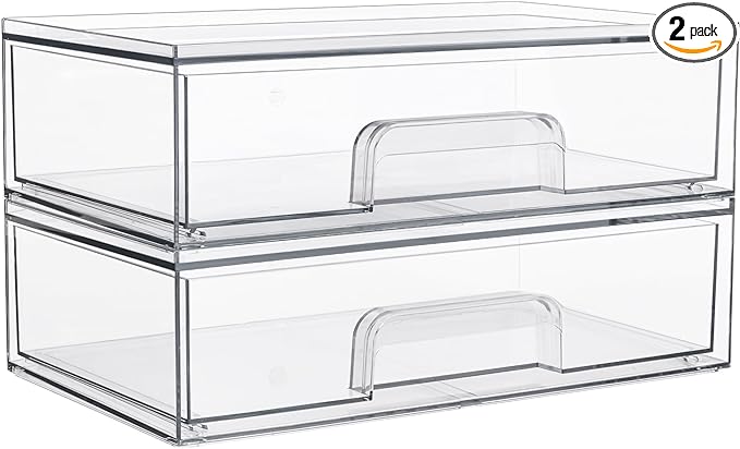 Vtopmart 12.1''W Clear Stackable Storage Drawers,2 Pack Acrylic Plastic Organizers Bins for Makeup Palettes, Cosmetics, and Beauty Supplies,Ideal for Vanity, Bathroom,Cabinet,Desk Organization