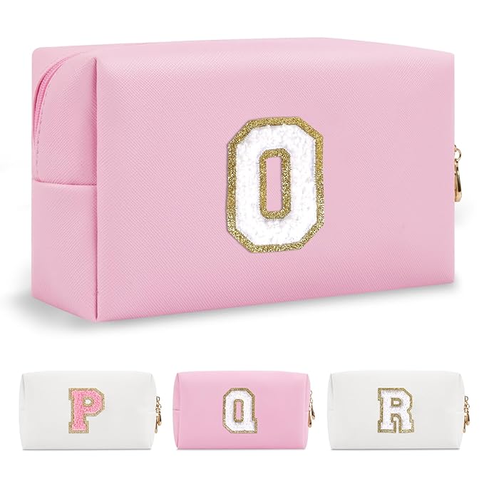 Personalized Initial A-Z Preppy Patch Makeup Bag,Small PU Chenille Letter Cosmetic Bag with Zipper for Teen Girls,Pink Cute Toiletry Organizer Bag,Monogram Makeup Case Gift for Women Girls,Letter O