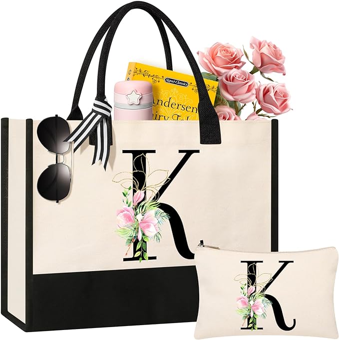 AYGE Personalized Initial Canvas Beach Tote, Monogrammed Gifts for Women, Makeup Bag, Birthday Gifts for Sister, Mom, Teacher, Bridesmaid (K)