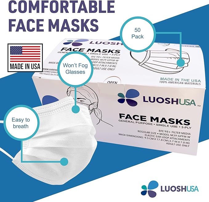 Luosh Face Masks Disposable Made in USA, 3 Ply Disposable Masks 50pcs,Adult Mask, Kids Mask, Black Masks, White Masks