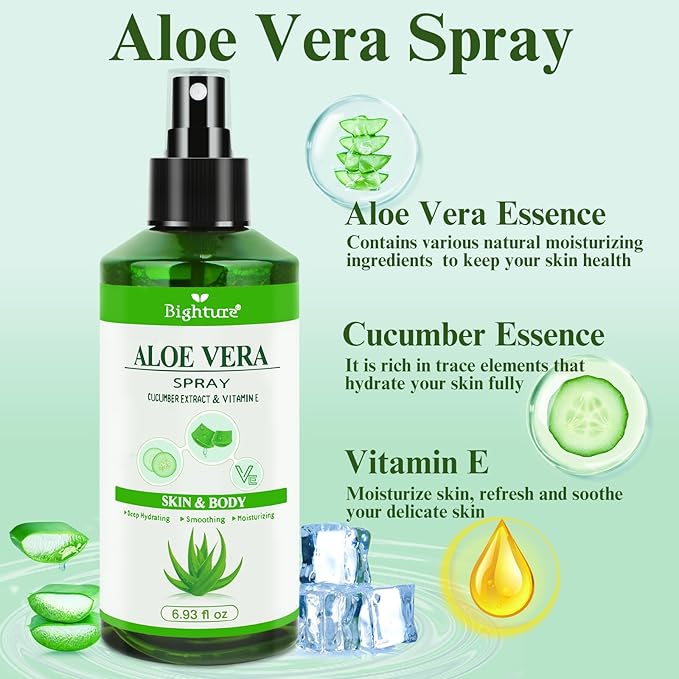 Aloe Vera Spray from Freshly Cut Pure Aloe, Aloe Vera for Skin& Hair, Aloe Vera Spray for Sunburn Relief, 6.93oz, Absorbs Rapidly, Infused wirh Cucumber Essence