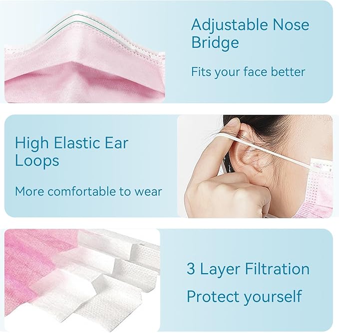 50PCS Disposable Masks Individually Packed 3-Layer Protection Suitable for Adults Elderly and Children.