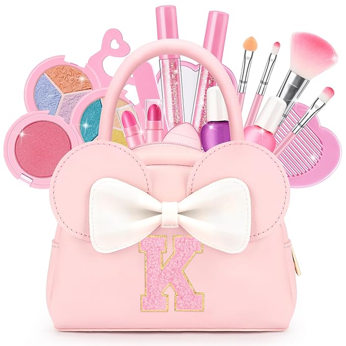 Kids Real Makeup Kit for Girls - 18Pcs Non-Toxic Washable Make Up Toys with Initial Toddler Purse - Personalized Birthday Gifts for Age 3 4 5 6 7 8 9 10 Years Old Girls Vanity Set - K