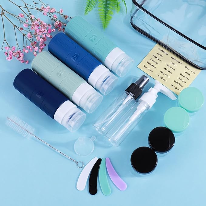 GLAMFIELDS Travel Bottles for Toiletries,TSA Approved 3.3oz Size LeakProof Silicone Toiletry Containers for Shampoo, Conditioner,Easy to Squeeze，Portable Travel Essentials for Lotion(18 Pack) Blue