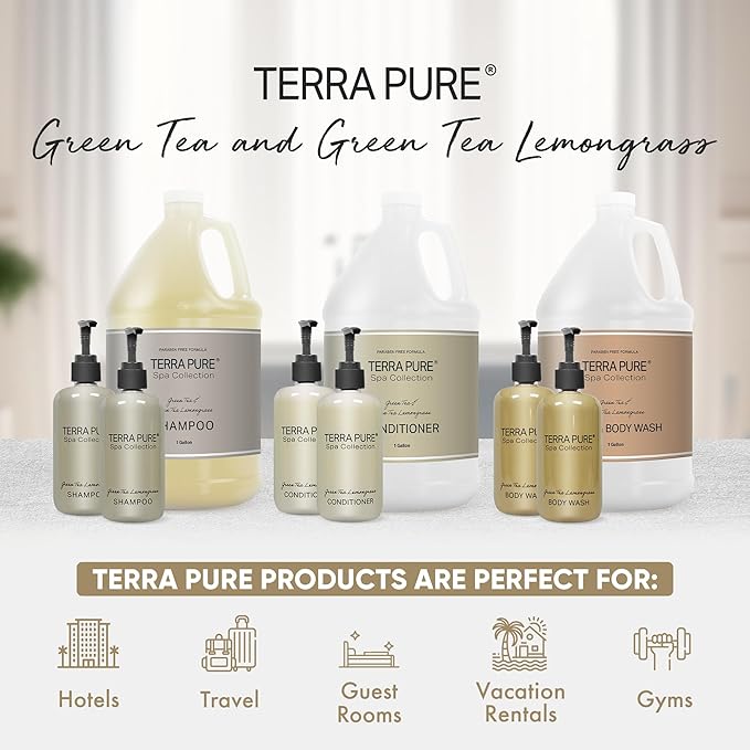 Spa Collection Gallon & Dispenser Set | 1-Shoppe Amenities Kit | Shampoo, Conditioner, Body Wash | Refillable 10.14 oz Pump Bottles