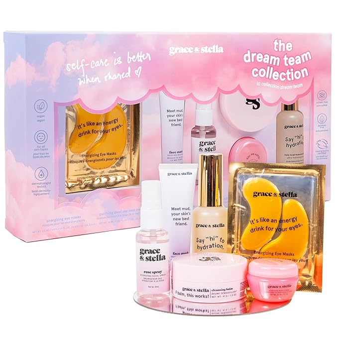 grace & stella Award Winning Skin Care Set - Gifts for Her - Travel Essentials with Under Eye Masks, Serum, Cleanser, Lip Balm - Birthdays, Bachelorette, Bridesmaids, Teen Gifts - Vegan Self Care