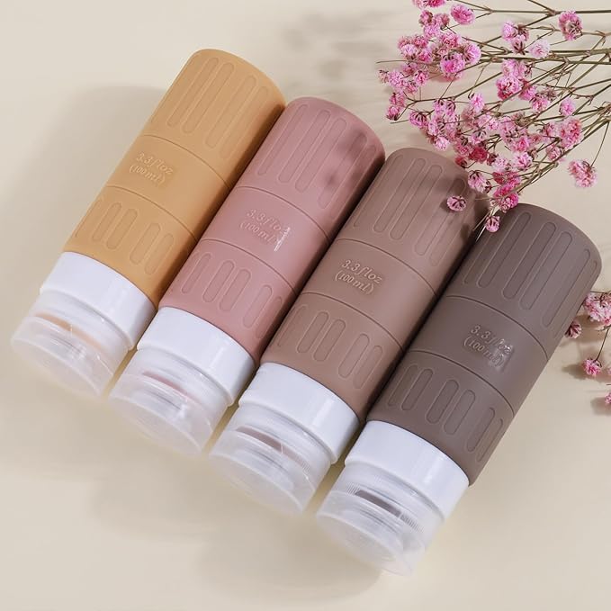 GLAMFIELDS Travel Bottles for Toiletries,TSA Approved 3.3oz Size LeakProof Silicone Toiletry Containers for Shampoo, Conditioner,Easy to Squeeze，Portable Travel Essentials for Lotion(18 Pack) Apricot