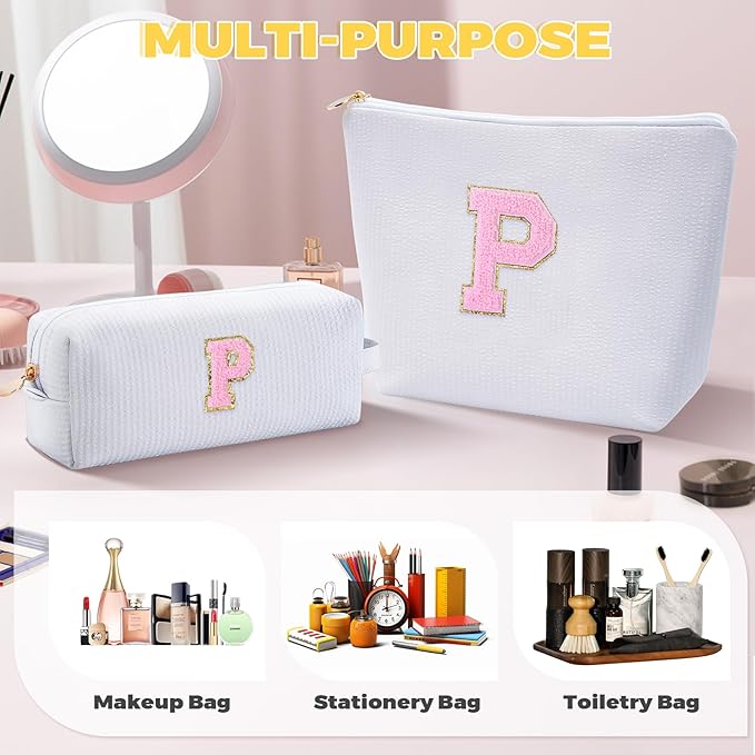 Personalized Makeup Bag for Women Girls - Fashion Cosmetic Bag Trendy Travel Toiletry Bag with Initials Letter - Teen Gifts - White,P