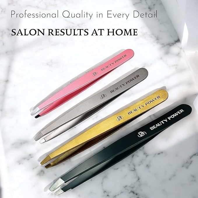 Professional Tweezers in Case - Slant, Durable Lightweight German Stainless Steel, Ultra Precision Tweezers for Eyebrows, Facial Hair, Chin, and Ingrown Hair Removal - Gift (Matte Gray)