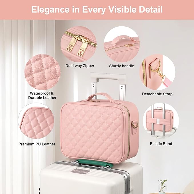 BEAUTY CASE Makeup Bag with Led Mirror, 12 Inch Portable Travel Cosmetic Organizer Case with Adjustable Dividers, USB Charging, Large Capacity, Ideal for Travel, Gift for Women Girls, Pink