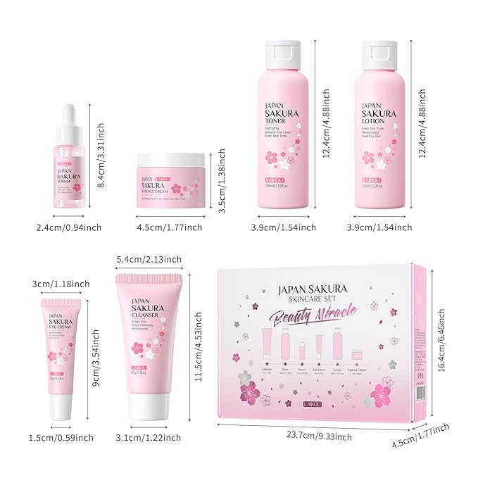 Skin Care Set JAPAN SAKURA Women Beauty Gift Sets Skin Care Kit with Cleanser, Toner, Lotion, Serum, Eye Cream, Face Cream Travel Kit for Women Teen Girls Mom Daughter TSA-friendly Sizes 6pcs