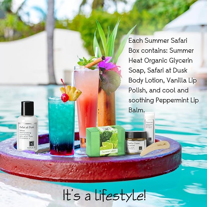 Nabila K Summer Safari Gift Set – Includes Summer Heat Soap, Safari at Dusk Body Lotion, Vanilla Cream Lip Polish & Peppermint Lip Balm – Luxury Bath & Body Kit for Women & Men – Ready-to-Gift Spa Box