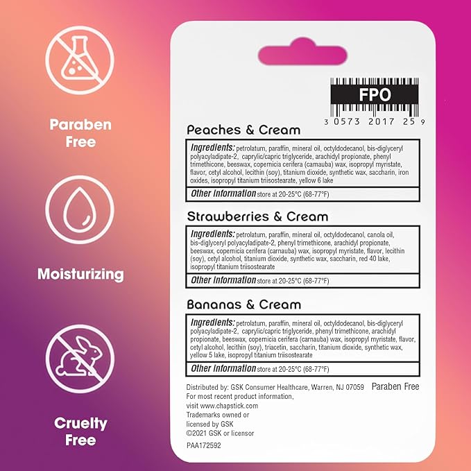 ChapStick Lip Balm Fruit & Cream 3-Pack Collection – Peach, Strawberry & Banana Flavors, 0.15 Oz Ea