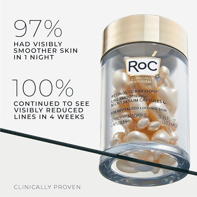 RoC Retinol Correxion Anti-Aging Wrinkle Night Serum, Retinol Serum for Face, Daily Treatment for Fine Lines, Post Acne Scars, 30 Capsules, Unscented, 0.35 Fl Oz