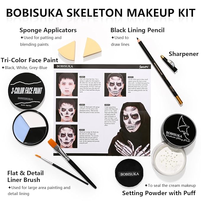 Halloween Skeleton Makeup, Complete Skeleton/Skull Makeup Kit Face Paint SFX Character Set, Professional Skeleton Make Up Kit for Costume Art Cosplay Dress-Up Party for Kids & Adults