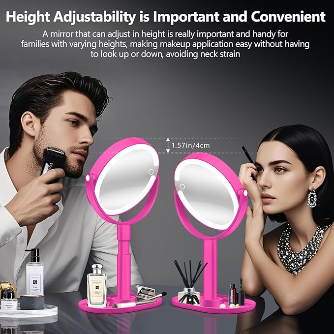 MIYADIVA Makeup Mirror with Lights, 30X Magnifying Mirror with Light and Touch Switch, Vanity Mirror with 3 Color Light and 80 LEDs, Height Adjustable Desk Mirror with Lights, Hot Pink