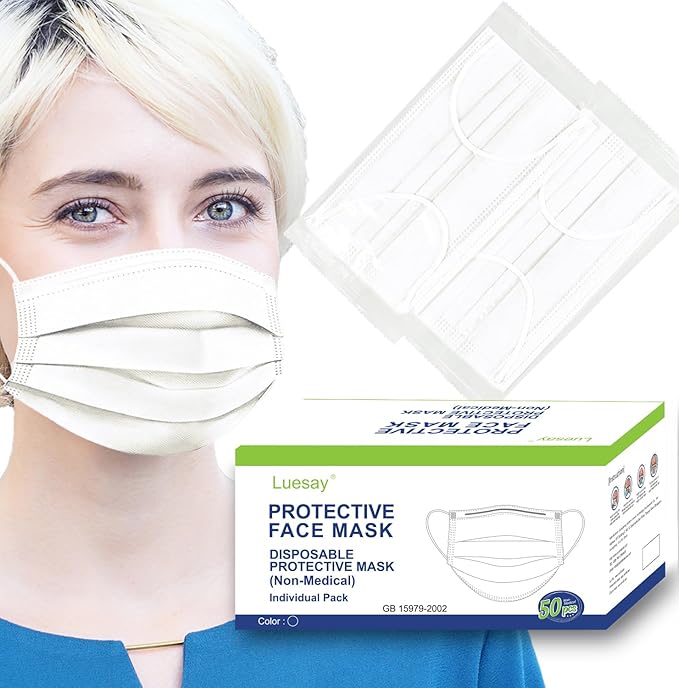 50PCS Disposable Masks Individually Packed 3-Layer Protection Suitable for Adults Elderly and Children.