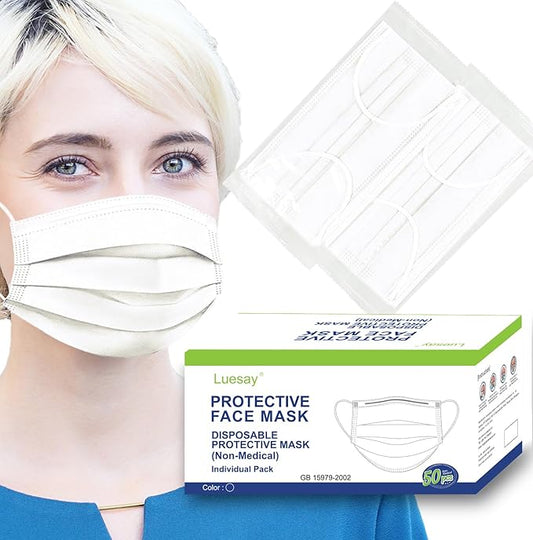 50PCS Disposable Masks Individually Packed 3-Layer Protection Suitable for Adults Elderly and Children.