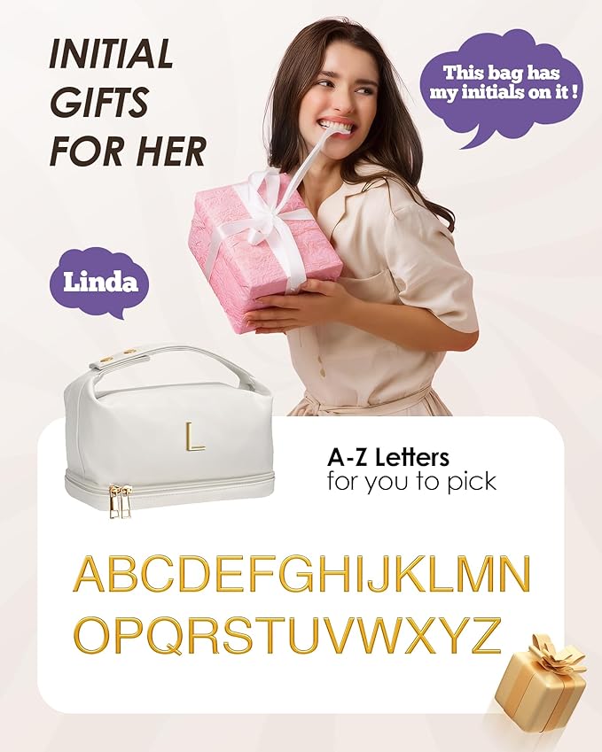 Makeup Bag with Handle, Waterproof Double Layer Cosmetic Bag, Large Capacity PU Leather Makeup Bags Letter Travel Toiletry Bag with Makeup Brush Organizer