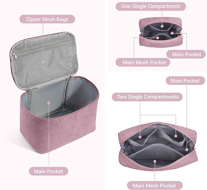 MAGEFY Small Makeup Bag for Purse Mini Cosmetics Bag Corduroy Cute Cosmetic Pouch for Women with Slip-in Pockets