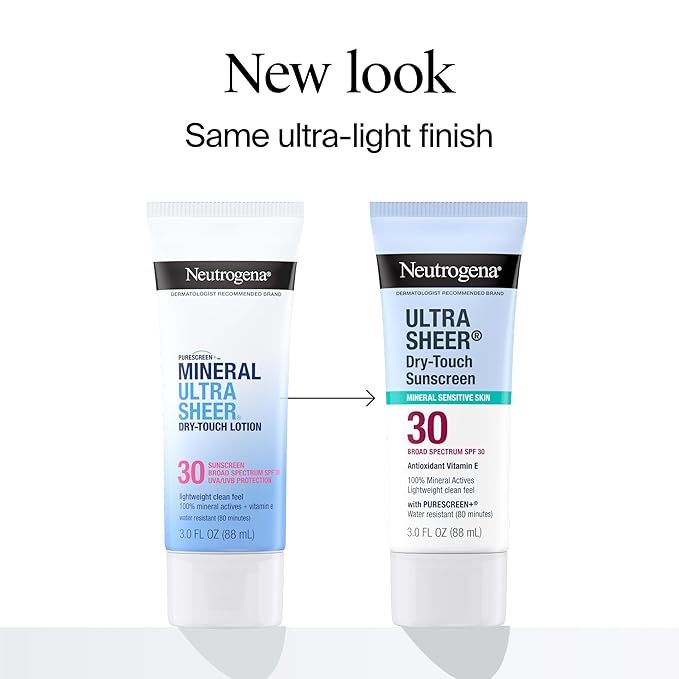 Neutrogena Ultra Sheer Dry-Touch Mineral Sunscreen For Face & Body, SPF 30 Broad-Spectrum UVA/UVB Protection, Titanium Dioxide & Zinc Oxide Sunscreen, Oxybenzone-Free, 3.0 fl. oz